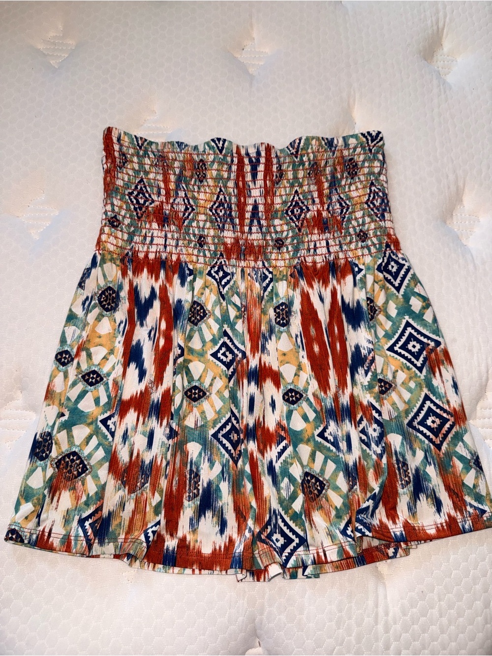 10. Veronica M Multicolor Smocked Strapless Top — Rust, Navy, Teal, Yellow, Whit